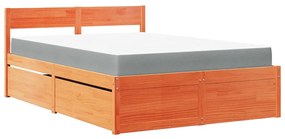 viaszbarna tömör fenyőfa ágy fiókokkal és matraccal 120x200 cm