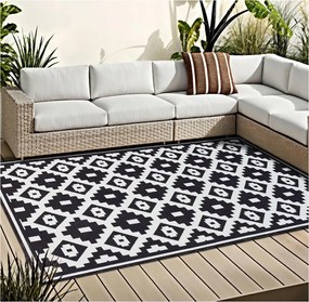 Kültéri szőnyeg teraszra erkélyre 150cmx240cm fekete-fehér geometrikus minta