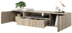 Verica 200 cm-es TV-szekrény, falra szerelhető, nyitott polccal - szivacsos tölgy / arany fogantyúk
