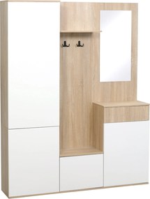 HOMCOM 4 az 1-ben Bejárati Kabátállvány Tükörrel, Akasztókkal és Állítható Polcokkal, Többfunkciós Bejárati Bútor Fiókkal, 145x29x184 cm, Természetes