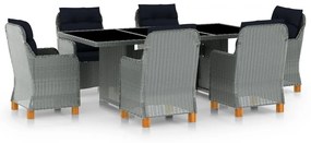 vidaXL 7 részes világosszürke polyrattan kültéri étkezőszett párnákkal
