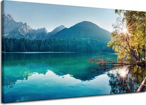 Vászonkép Nap a hegyek felett Tó Víz Nyugalom 120x70 cm