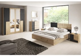 Hálószoba szett (ágy+2x éjjeliszekrény+szekrény), artisan tölgy/fekete norvég fenyő, BAFRA