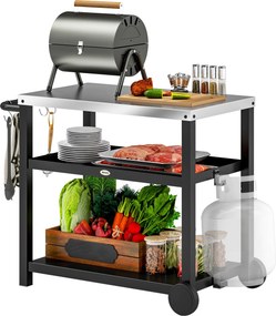 Outsunny 3-szintes Grill Kocsi Munka Térrel, Polcokkal, Kampókkal és Kerekekkel, Rozsdamentes Acél BBQ Grill Asztal, Grill Oldal Asztal, Kültéri Haszn