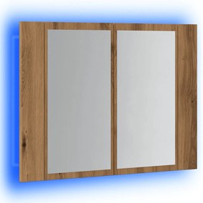 kézműves tölgyszínű szerelt fa tükörszekrény LED-del 60x12x45cm