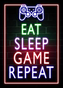 Művészi plakát Eat Sleep Game Repeat-Gaming Neon Quote, (30 x 40 cm)