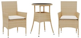 vidaXL 3 részes bézs polyrattan/üveg kerti étkezőgarnitúra párnákkal