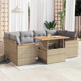 6 részes bézs polyrattan akácfa kerti ülőgarnitúra párnával
