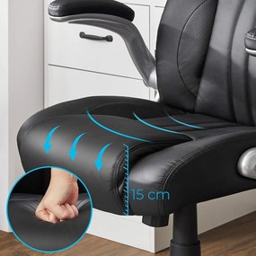 Ergonomikus irodai forgószék felhajtható karfákkal és állítható fejtámlával, fekete PU műbőr, 150 kg