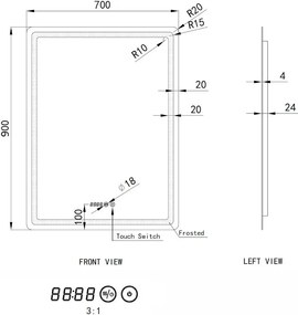 Tükör LED világítással 70x90cm | Páramentesítő funkció | Beépített óra | Fényerő és színhőmérséklet szabályozás | Welland Type-2V