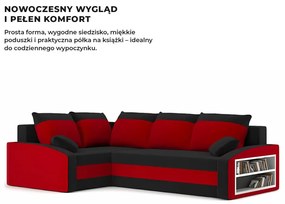 Grande sarokkanapé polcokkal , polc a jobb karfaban, baloldali, szövet anyag, hab töltet, fekete - piros