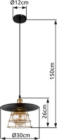 Globo 15086BH1 Függeszték fém fekete matt, fémháló antik sárgaréz, kábel PVC fekete, ø: 300mm, M: 1500mm, 1x E27 60W 230V izzó nélkül