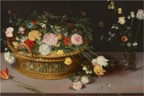 Kép - Jan Brueghel the Elder, Flowers in a Basket and a Vase, reprodukciók (90x60 cm)