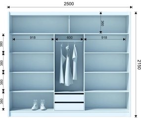 SABRINA szekrény tükörrel, 250x215 cm, woltan tölgy