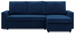 Zeus sarokkanapé, 2 ágyneműtartóval, egyenes kartámasz, bársony, univerzális oldal, hab töltet, kék