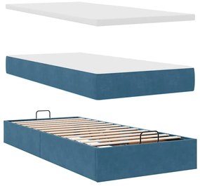 Ottomán ágykeret matraccal sötétkék 90x200cm bársony
