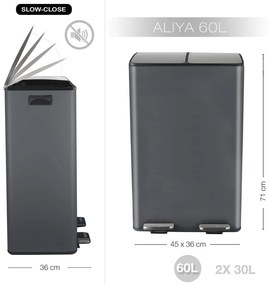Sötétszürke acél szelektív pedálos szemetes 2x30 l Aliya – Spirella