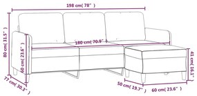 3 személyes világosszürke bársony kanapé lábtartóval 180 cm