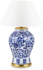 Kék kerámia asztali lámpa arany berakással, fehér búrával 92x60x60cm