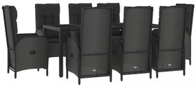 9 részes fekete és szürke polyrattan kerti étkezőszett párnával