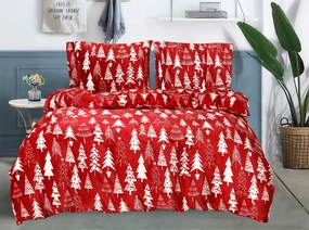 Mikroplüss ágynemű szett CHRISTMAS TREES piros + Mikroplüss lepedő SOFT 180x200 cm fehér, franciaágy