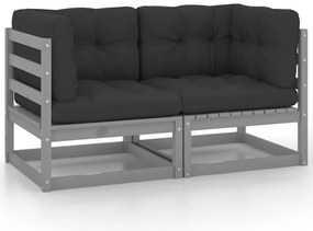 vidaXL kétszemélyes szürke tömör fenyőfa kerti kanapé párnákkal