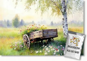 Fotótapéta Flizelina Tájkép Falu Szekér Virágok Nyírfa Tavasz 104x70,5 ragasztó