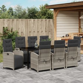 9 darabos kerti étkezőgarnitúra párnákkal, világosszürke poli rattan, fekete kültéri asztal 200x80x73 cm edzett üveggel