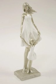 Ezüst hölgy elegáns fehér ruhában kislányával dekorfigura 33x11x7cm