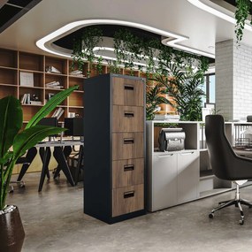 Fém irattartó szekrény, 5 fiókos SARA V5, 460 x 1630 x 620 mm, Eco Design: antracit/ dió