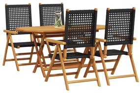 5 darabos kerti étkező szett, fekete, szilárd akácfa és poli rattan