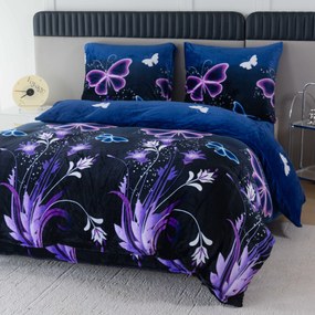 2 db Mikroplüss ágyneműhuzat szett VIOLET BUTTERFLY sötétkék + Mikroplüss lepedő SOFT 180x200 cm fehér, kétszemélyes ágyhoz