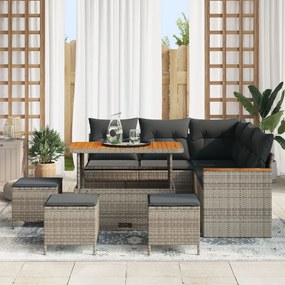8 darabos kertifotel garnitúra párnákkal szürke poli rattan akáccal, 3 darabos kerti étkező garnitúra párnákkal szürke poli rattan akáccal