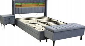 Kárpitozott ágy 140x200cm Led Usb bársony 1x éjjeliszekrény zsámoly