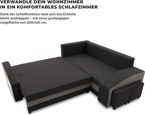 Grande sarokkanapé polcokkal és puffokkal , polc a bal karfaban puffok a jobb karfaban, jobboldali, szövet anyag, hab töltet, fekete - szürke