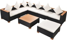 vidaXL 8-részes fekete polyrattan kerti bútorszett párnákkal