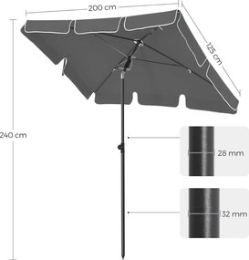 Dönthető napernyő 2x1,25 m, téglalap alakú napernyő táskával, szürke