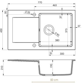 Mosogató Quality Ferrum, konyhai gránit mosogató 770x450x190 mm + arany szifon, fekete foltos-BROKÁD, SKQ-FER.B.1KDO.XG