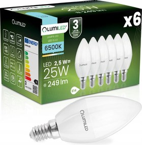 6x Led izzó Gyertya B35 E14 2,5W 25W 249lm 6500K Hideg 180° Lumiled