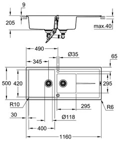 GROHE 31643AP0 - K400 kompozit mosogató 1160 × 500 mm kő/fekete