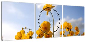 Fényes sárga virágokkal rendelkező mező képe (órával) (90x30 cm)