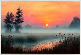 Poszter Keret Alumínium Napfelkelte Tó Köd Természet Virágok 60x40