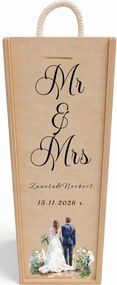 Fából készült borosdoboz Ajándék az ifjú párnak Mr&amp;Mrs Személyre szabott