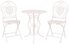 Kovácsoltvas jellegű vintage antikolt fehér fém kerti asztal 2 db székkel