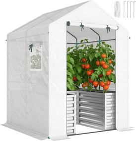 Outsunny PE takarós paradicsom-üvegház emelt ágyással, feltekerhető ajtóval és ablakokkal, ferde tető — 141 × 141 × 190 cm — Fehér | Aosom