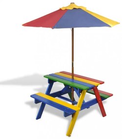 Színes fa gyerek piknikasztal paddal és napernyővel