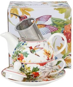 Porcelán egyszemélyes teáskészlet kolibri madaras teáskanna és csésze aljjal