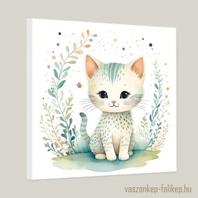 Aranyos kiscica akvarell illusztráció – kedves falikép gyerekszobába 40x40cm