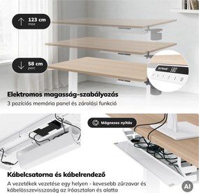 Elektromos, állítható magasságú, ergonomikus, fehér/sonoma tölgy íróasztal,1200x600 mm: ARIA