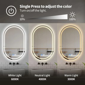 Erga Lyra, ovális LED tükör 60x100cm, 3 színű fény, első és hátsó világítás, páramentes fűtőbetét, ERG-V01-Lyra-6010-CL